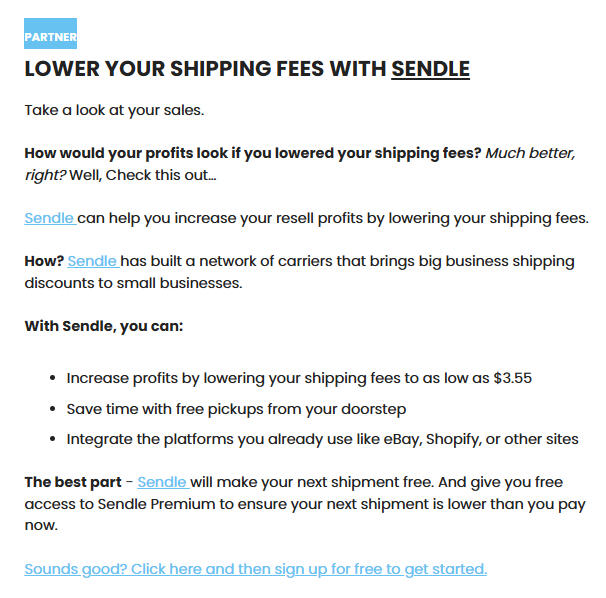 Newsletter advertising copy with a partner in a campaign targeted at business owners who regularly ship out items